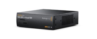 Compact Teranex Mini 12G-SDI to Quad SDI video converter device.