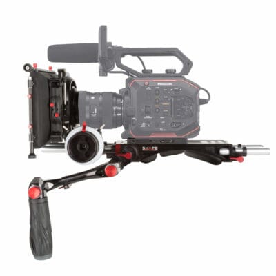 Professional camera rig with follow focus and matte box for Panasonic Au-Eva1.