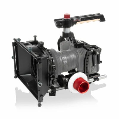 Camera cage kit with matte box and follow focus for Blackmagic Pocket cameras.