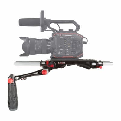 Panasonic Au-Eva1 camera rig with stabilizer and accessories for professional filming.