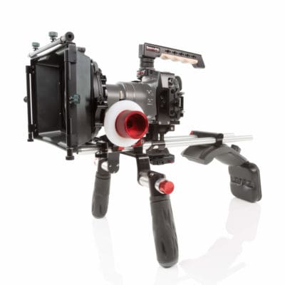 Professional camera rig with matte box, follow focus, and shoulder mount for Panasonic GH5.