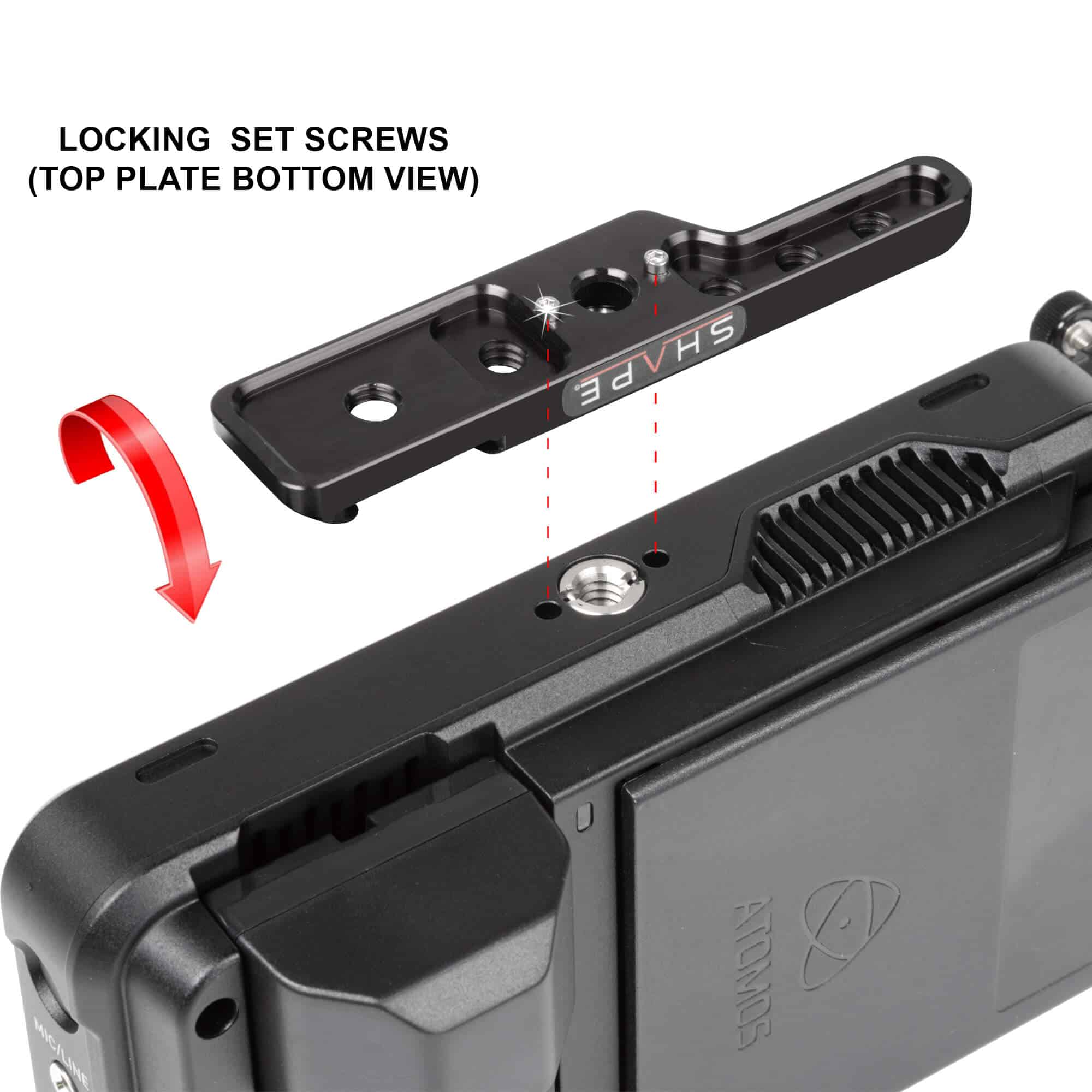 SHAPE top plate with locking set screws for Atomos Ninja V monitor recorder.