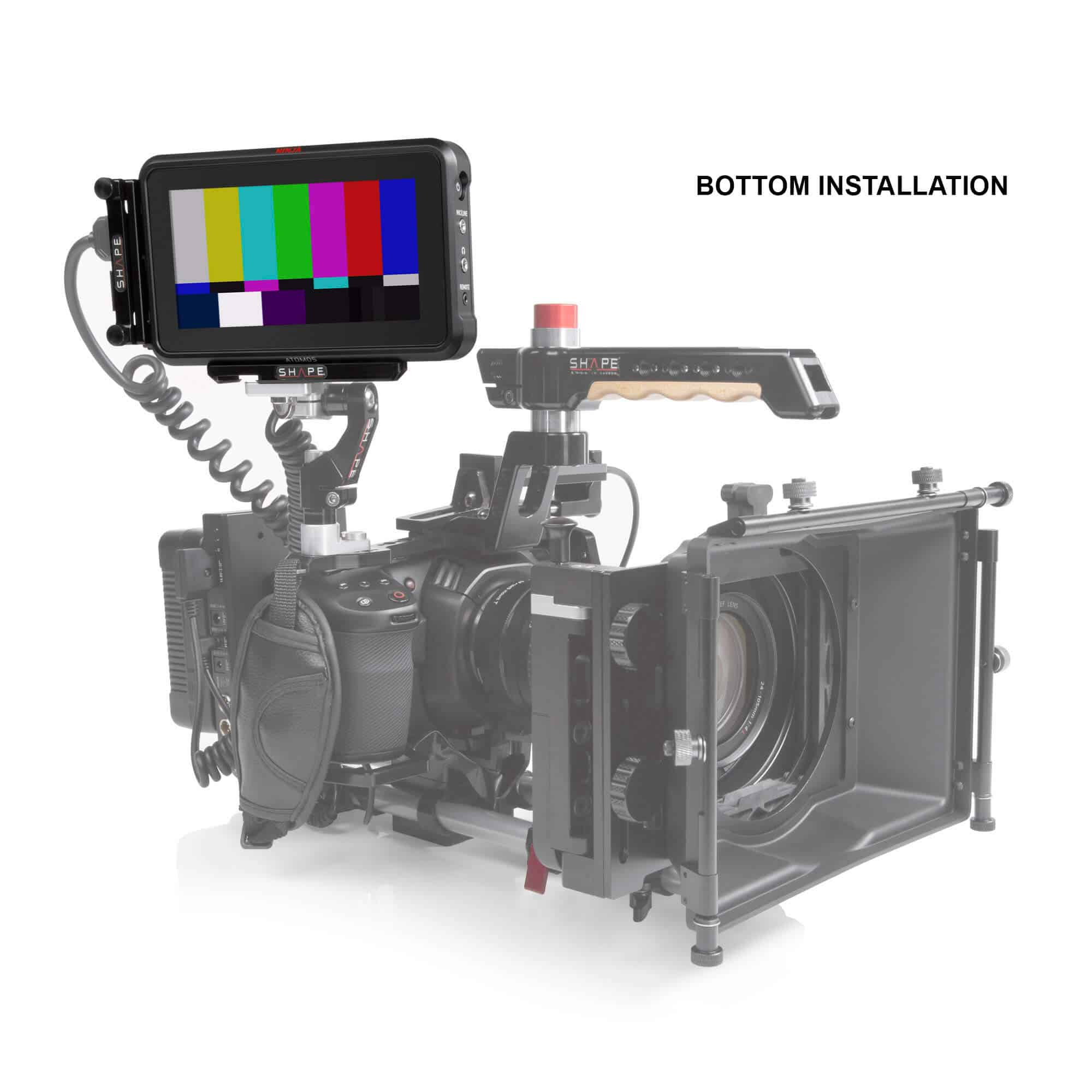 Camera rig with SHAPE top plate for Atomos Ninja V monitor recorder.