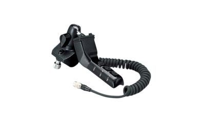 Flexible video selector device with coiled cable and mounting clip.