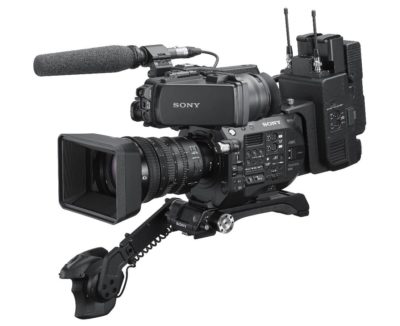 Sony ENG camera with viewfinder, microphone, and wireless accessories.