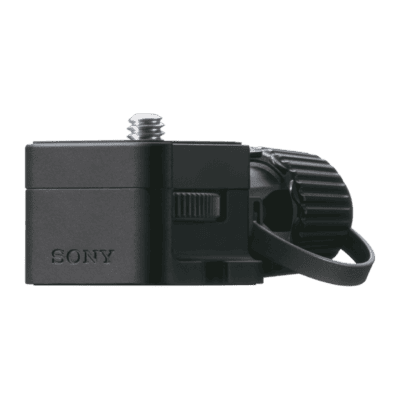 Sony camera with attached cable protector for safety and durability.