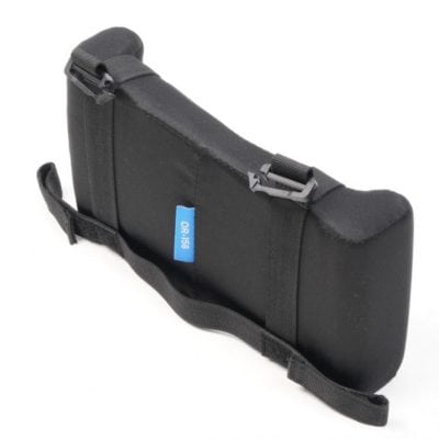 Black protective carrying case with adjustable strap for electronic devices.
