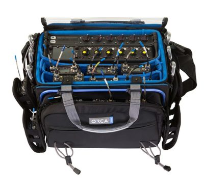 Portable underwater sonar device with multiple sensors in a black carrying bag.