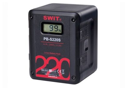 SWIT PB-S220S battery pack with digital display showing 99% charge.