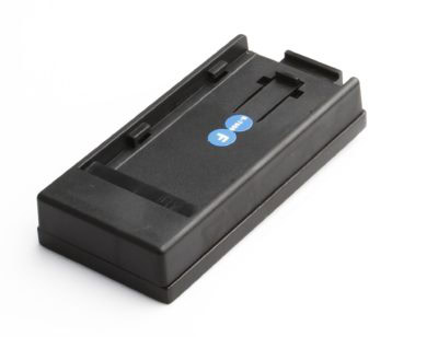Black battery charger with blue Dell logo for electronic devices.