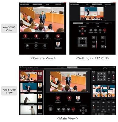 Axis-One auto-tracking software interface with multi-camera support and PTZ control features.