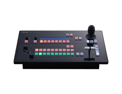 Live streaming control panel with buttons, knobs, and joystick for production.