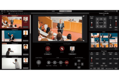 Auto-tracking software interface with multiple camera feeds and face recognition features.