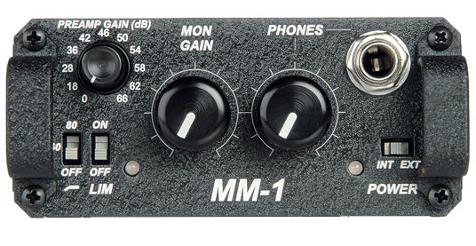 Battery-powered microphone preamplifier with headphone monitoring