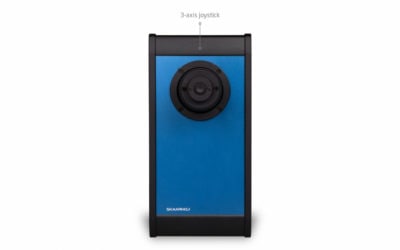 Blue Axis-One device with 3-axis joystick for precise control.