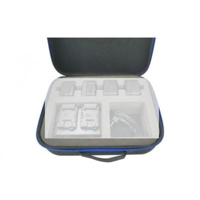 Portable electronic device case with foam padding and compartments for accessories.