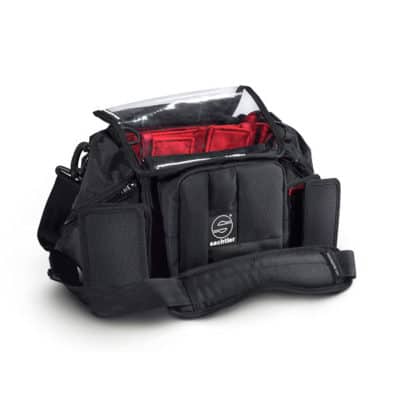 Lightweight audio bag with multiple compartments for portable sound equipment.