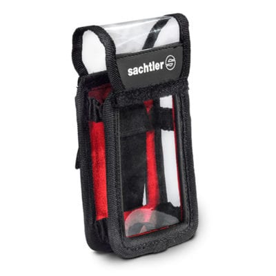 Portable digital recorder pouch with transparent front and black-red design.