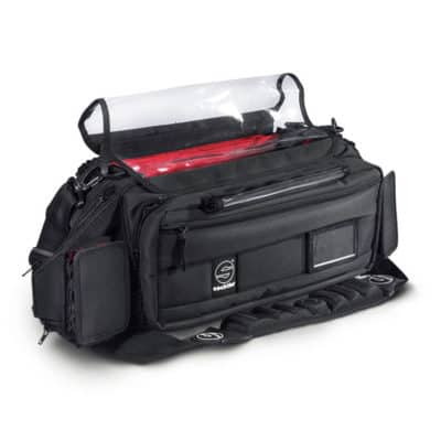 Large lightweight audio bag with multiple compartments and transparent top cover.