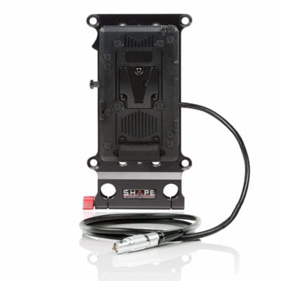 Red V-mount cheese plate with mounting holes and cable connection for camera accessories.