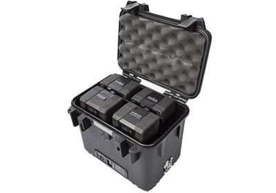 Durable black case with foam padding holding power station batteries.