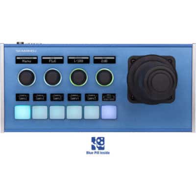PTZ camera controller with Hall Effect joystick and customizable buttons.
