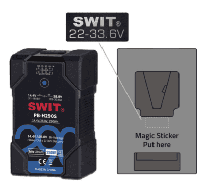 SWIT PB-H290S lithium-ion battery with voltage and capacity details.