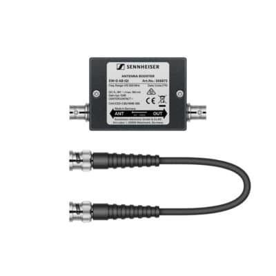 Antenna booster with BNC connectors for improved TV signal reception.