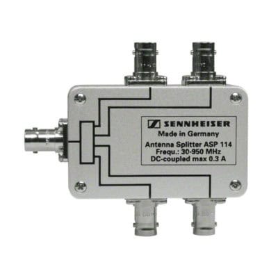 Passive antenna splitter with BNC connectors for 30-950 MHz frequencies.