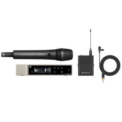 Wireless microphone set with receiver, bodypack, lavalier, and handheld transmitters.