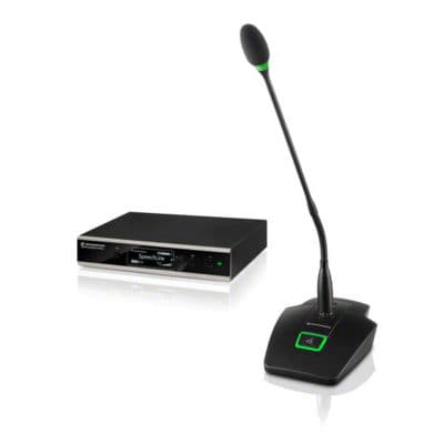 Wireless microphone with base station and antenna for professional audio.