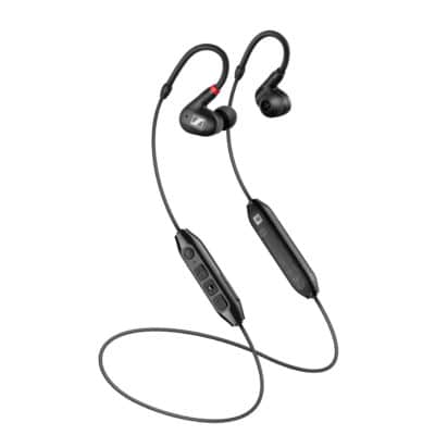 Black wireless in-ear headphones with Bluetooth and detachable cable.