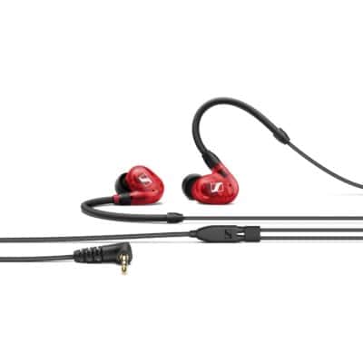 Red in-ear monitoring headphones with detachable cable and accessories.