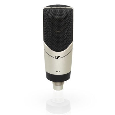 Silver large-diaphragm condenser microphone with stand mount and case.