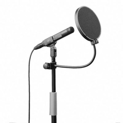 Professional microphone with gooseneck stand for close-talking applications.