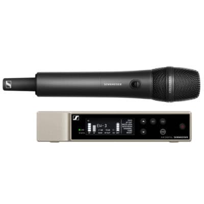 Wireless microphone and receiver for professional audio use.