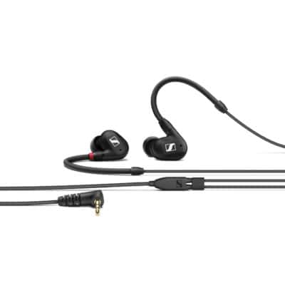 Black in-ear monitoring headphones with detachable cable and accessories.
