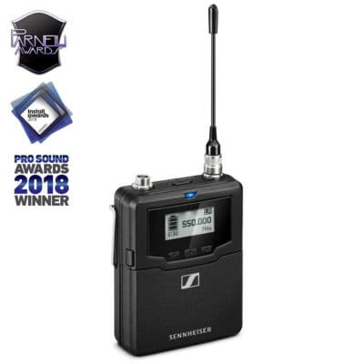 Wireless bodypack transmitter with digital interface and antenna.