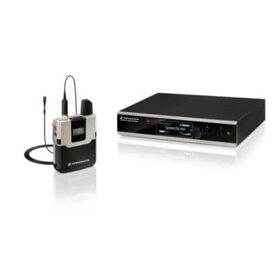 Wireless lavalier microphone set with receiver and bodypack transmitter.