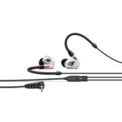In-ear monitoring headphones with detachable cable and accessories.