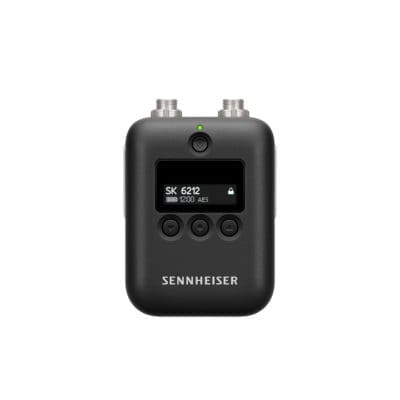 Black digital bodypack transmitter with LCD display and control buttons.