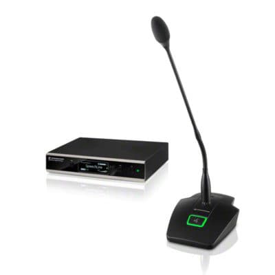Wireless microphone with base station for professional audio setup.