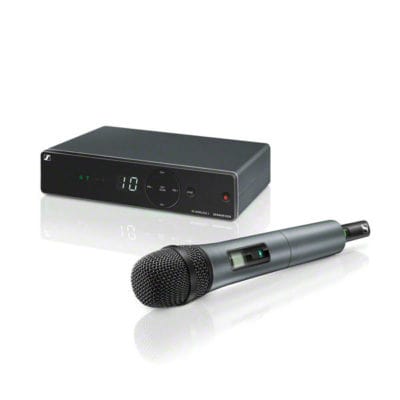 Wireless microphone with receiver for professional vocal setups.