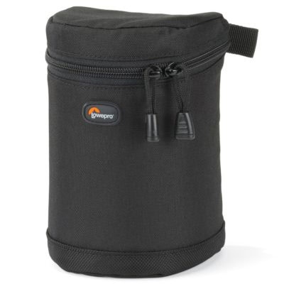 Lowepro camera lens case in black with zipper and handle.