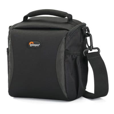 Lowepro camera bag with shoulder strap and handle for easy transport.