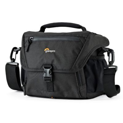 Black Lowepro camera bag with adjustable strap and multiple compartments.