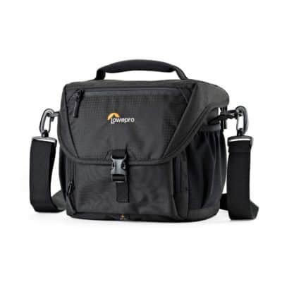 Lowepro camera bag in black with adjustable strap and handle for easy carrying.