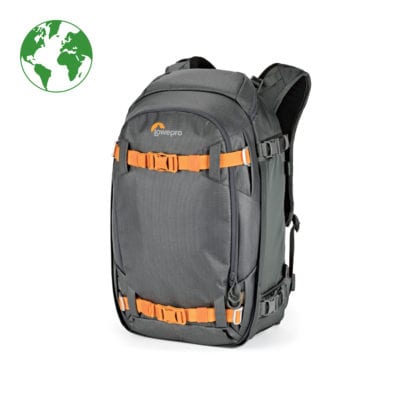 Lowepro backpack for travel and outdoor adventures with orange straps and multiple compartments.