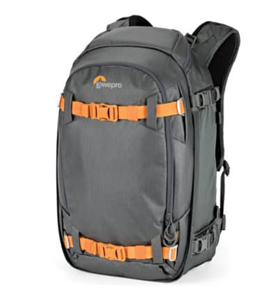 Lowepro backpack for outdoor photography and travel, grey with orange accents.