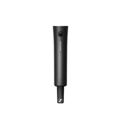 Black handheld wireless microphone transmitter for audio devices.